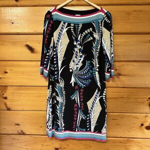 Cache Vintage Stretch Multi Color Geo Printed 3/4 Sleeve Sheath Dress Sz 12